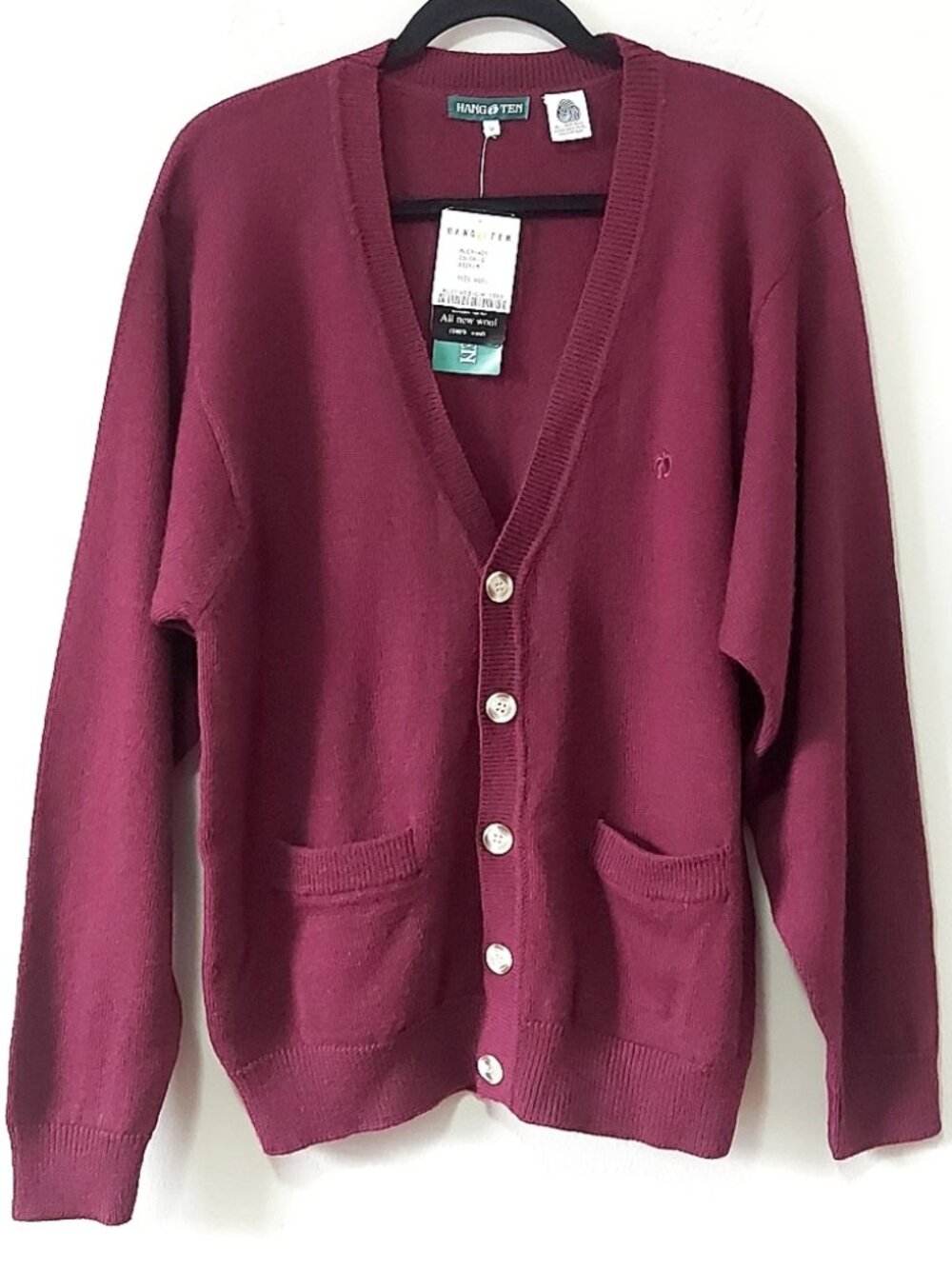 Hang Ten Men Preppy Button Front Wool Cardigan Medium Vneck Pocket Long Sleeve